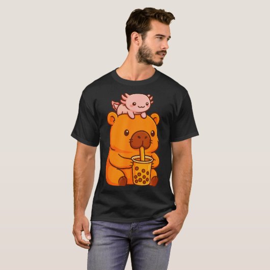 T-shirt Cute Capybara Drinking Bubble Tea And Axolotl Kawa (Devant entier)