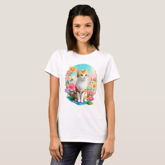 T-shirt Cute caramel orange tabby Chat avec Fleurs soleil (Devant entier)
