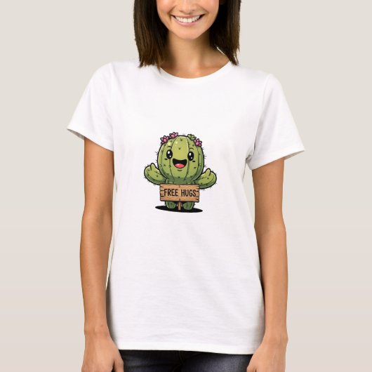 T-shirt Cute Cartoon Cactus Character Offering Free Hugs (Devant)