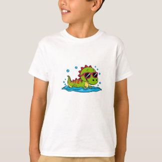 T-shirt Cute Cartoon Dinosaur Swimming with Sunglasses 