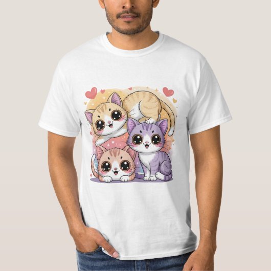 T-shirt Cute Cartoon Kitty Trio with Hearts (Devant)