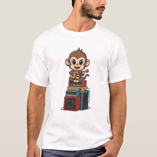 T-shirt Cute Cartoon Monkey Musician Playing Ukulele (Devant)