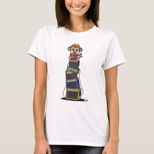 T-shirt Cute Cartoon Monkey Rocker Playing Ukulele (Devant)