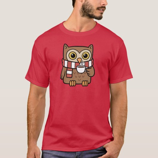 T-shirt Cute Cartoon Owl Drinking Coffee Lover Gift (Devant)