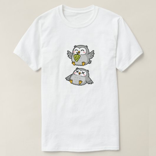 T-shirt Cute Cartoon Owls Eating Grapes Funny Gray Owl (Design devant)