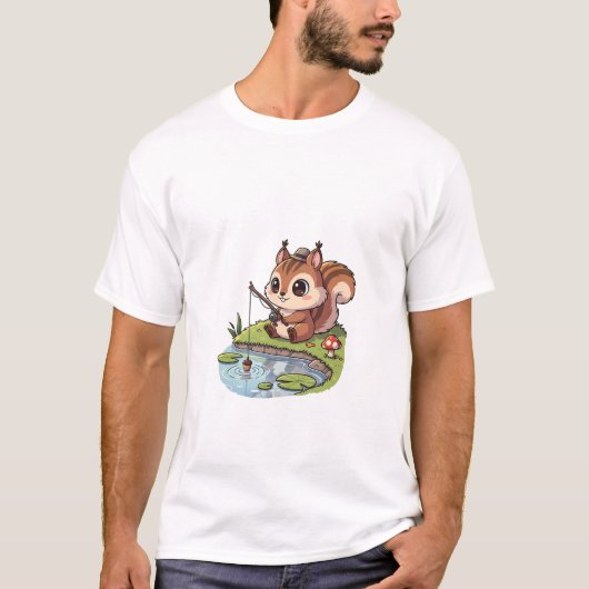 T-shirt Cute Cartoon Squirrel Fishing with Acorn in Pond (Devant)