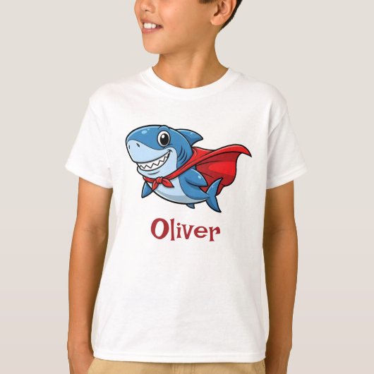 T-shirt Cute Cartoon Superhero Shark with Red Cape (Devant)