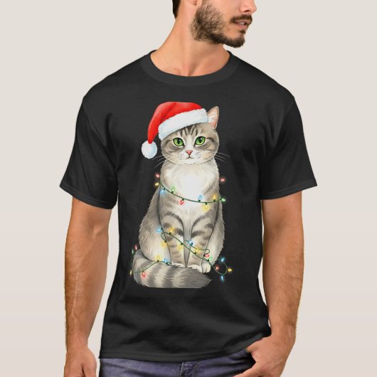 T-shirt Cute Cat Christmas Lights Santa Hat Snow Holiday A (Devant)