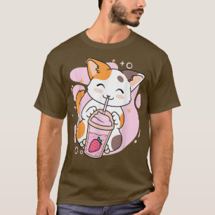T-shirt Cute Cat fraise Milkshake Anime Kawaii Neko Gi