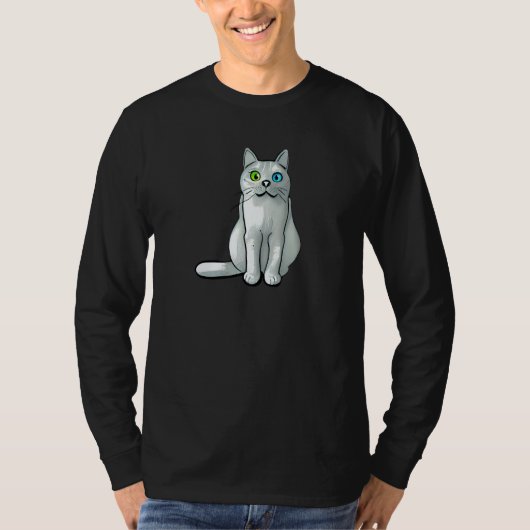 T-shirt Cute Cat Illustration with Green and Blue Eyes (Devant)