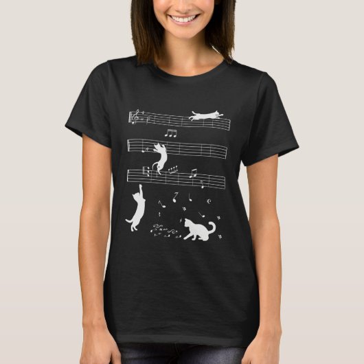 T-shirt Cute Cat Kitty Playing Music Note Clef Musician (Devant)