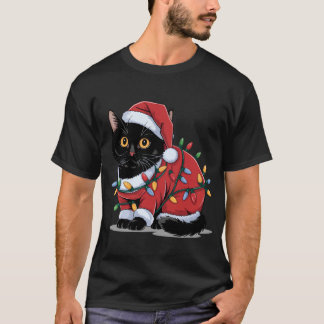 T-shirt Cute Cat Santa Hat Costume Christmas Lights 