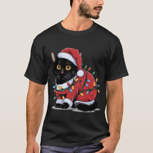 T-shirt Cute Cat Santa Hat Costume Christmas Lights  (Devant)