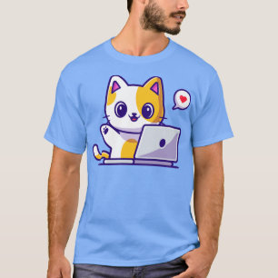 T-shirt Cute Cat Travaille Sur Le Cartoon Ordinateur Porta