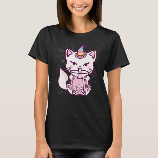 T-shirt Cute Cat Unicorn Drinking Bubble Tea (Devant)