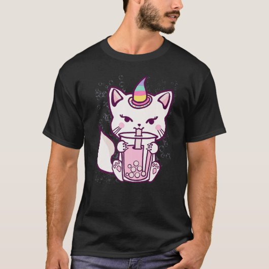T-shirt Cute Cat Unicorn Drinking Bubble Tea (Devant)