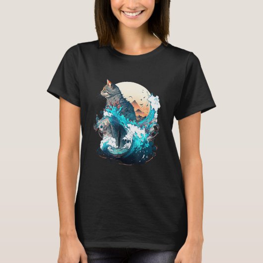T-shirt Cute Cat with a ocaen wave Illustration 1 (Devant)