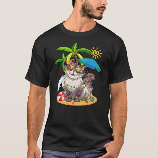 T-shirt Cute Cat & Xmas Lights Palm Tree Christmas In July (Devant)