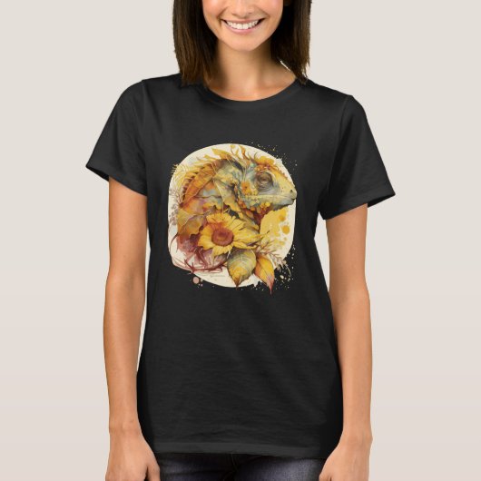 T-shirt Cute Chameleon Tournesol Aquarelle Reptile Lizard (Devant)