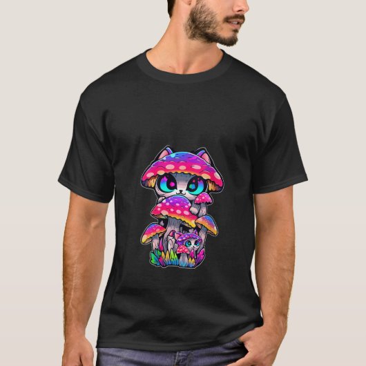 T-shirt Cute champignon Chat Psychedelic Festival V Cou (Devant)