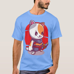 T-shirt Cute Chat Amusante Anime Kawaii Chat Samurai Nekko