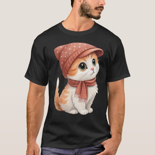 T-shirt Cute Chat Avec Casquette, Écharpe, Couleur Pastel (Devant)