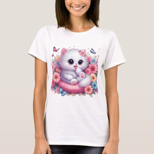T-shirt Cute Chat, Belle fleur (Devant)