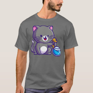 T-shirt Cute Chat Capturer Poisson Dans L'Aquarium Carton