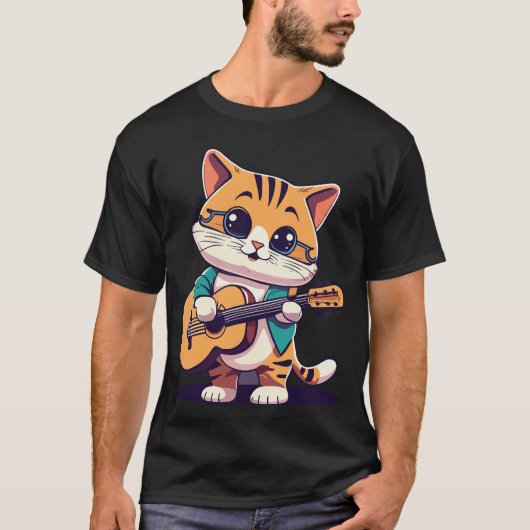 T-shirt Cute Chat Jouer Guitare (Devant)
