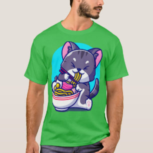 T-shirt Cute Chat Mange Ramen nouille Avec Chopstick Carto
