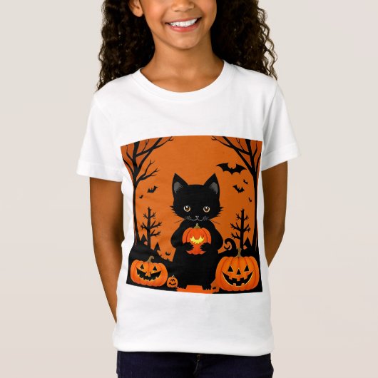T-Shirt Cute chat noir avec Citrouilles d'Halloween (Devant)