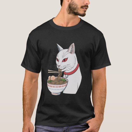 T-shirt Cute Chat Noir Manger Ramen Japonais Esthétique (Devant)