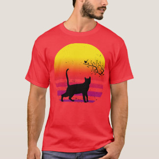 T-shirt Cute Chat Observateur Oiseau Sur Arbre Vintage Ret