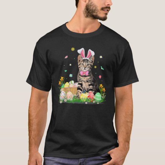 T-shirt Cute Chat Oeufs de lapin de la fête de Pâques (Devant)