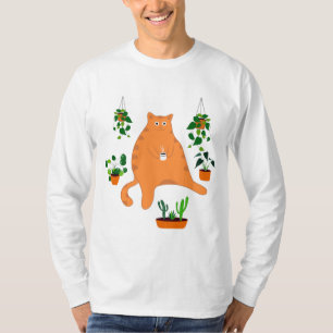 T-shirt Cute Chat Orange Avec Plante, Mignonne Cadeau Chat