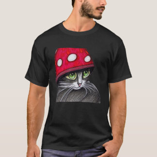 T-shirt Cute Chat Portant Un Casquette De Champignons