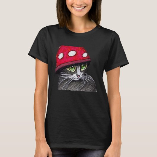 T-shirt Cute Chat Portant Un Casquette De Champignons (Devant)