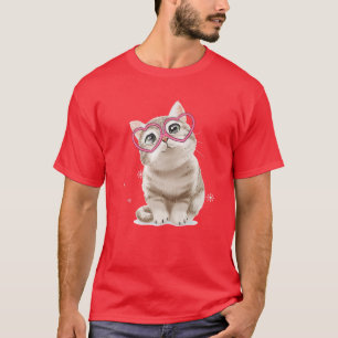T-shirt Cute Chat Red Glasses Heart Headband Happy Valenti