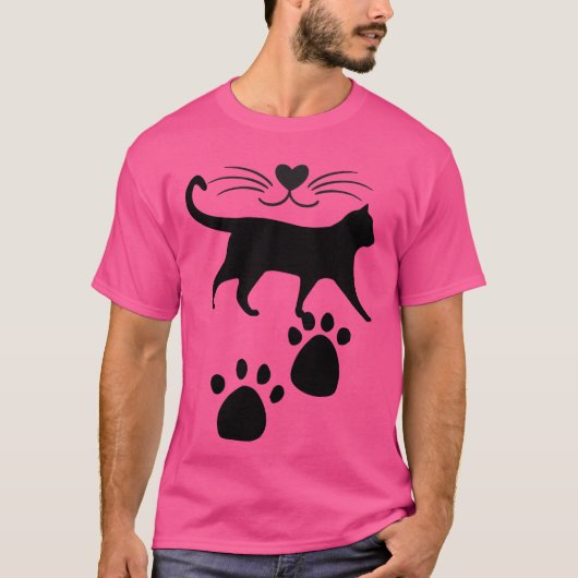 T-shirt Cute Chat Silhouette avec Nez de Coeur et Empreint (Devant)