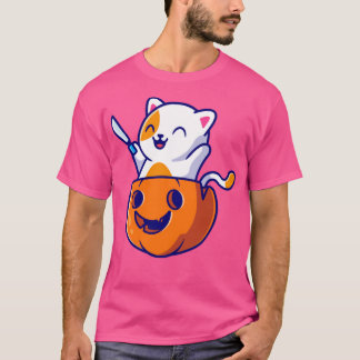 T-shirt Cute Chat Tenant Couteau En Citrouille Helloween C
