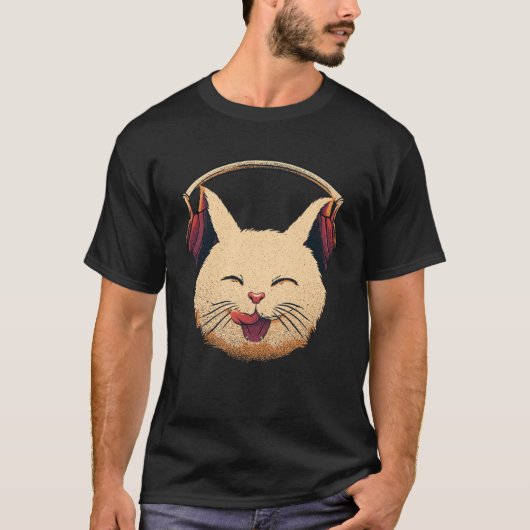T-shirt Cute Chaton Souriant Avec Casque Musical Chat (Devant)