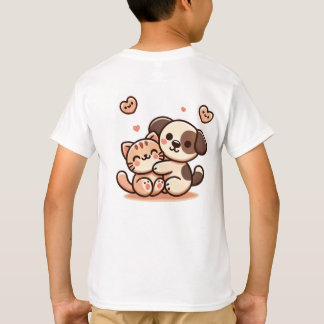 T-shirt Cute Chiot & Kitten Hug - Adorable Design Kawaii