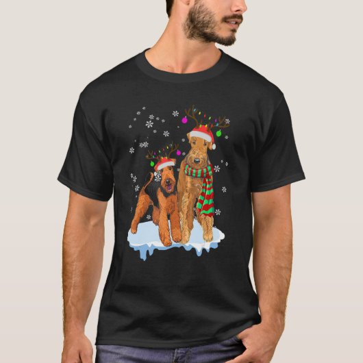 T-shirt Cute Christmas Airedale Terrier Santa Hats Reindee (Devant)