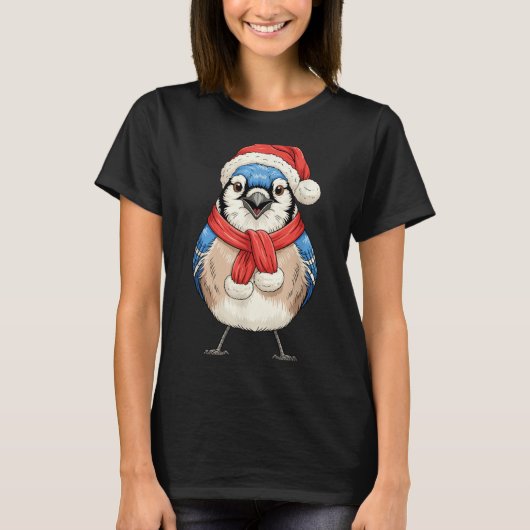 T-shirt Cute Christmas Blue Jay Santa Bird Watching (Devant)