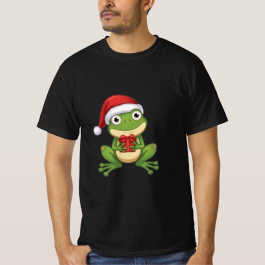 T-shirt Cute Christmas Frog with Santa Hat and Gift | Fun (Devant)