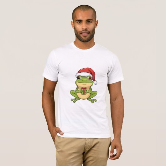 T-shirt Cute Christmas Frog with Santa Hat Holding Gift - (Devant entier)