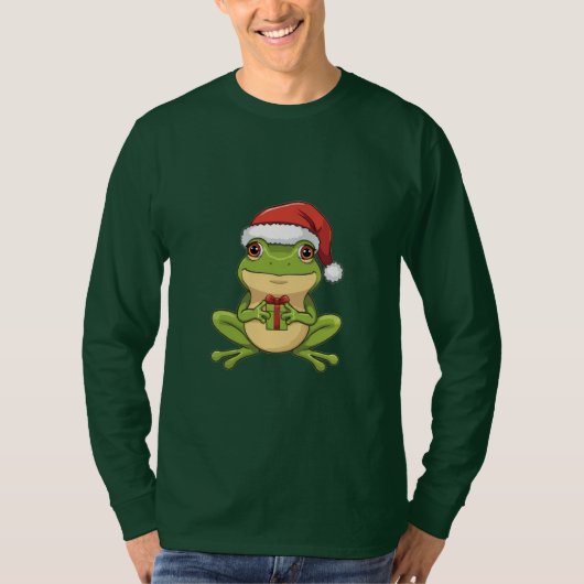 T-shirt Cute Christmas Frog with Santa Hat Holding Gift - (Devant)