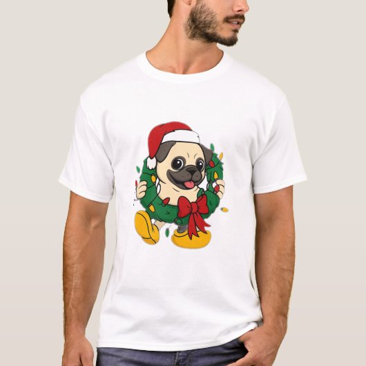 T-shirt Cute Christmas Pug with Festive Wreath (Devant)