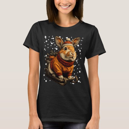 T-shirt Cute Christmas Rabbit Sledding In Snow Funny Winte (Devant)