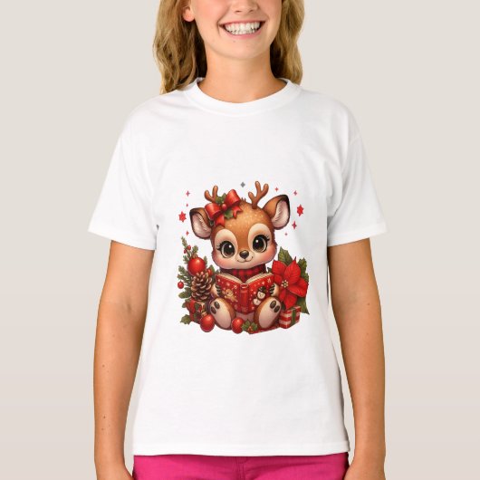 T-shirt Cute Christmas Reindeer Reading Book (Devant)
